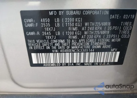 2019 Subaru Outback 3.6R Limited из США, поврежденный, VIN 4S4BSENC2K3305144